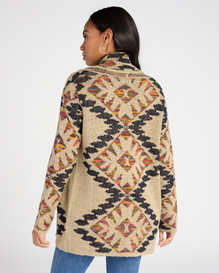 Oatmeal $|& Woven Heart Shawl Collar Aztec Print Cardigan - SOF Back