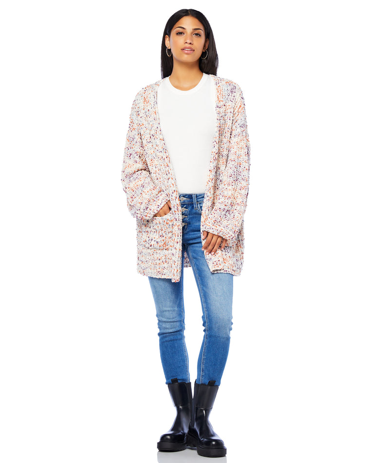 Ivory $|& Woven Heart Marled Chenille Drop Shoulder Open Cardigan - SOF Front