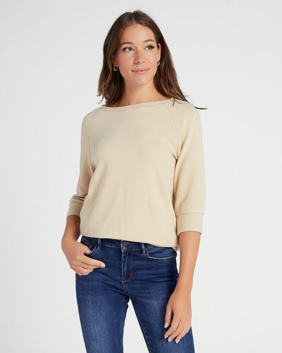 Taupe $|& Cloud Ten 3/4 Sleeve Plush Crew Neck Pullover Tunic - SOF Front
