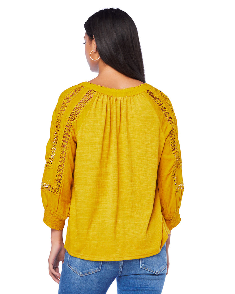 Mustard $|& Skies Are Blue Crochet Lace Trim Top - SOF Back