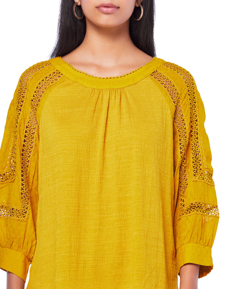 Mustard $|& Skies Are Blue Crochet Lace Trim Top - SOF Detail