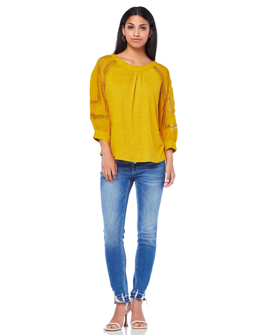 Mustard $|& Skies Are Blue Crochet Lace Trim Top - SOF Full Front