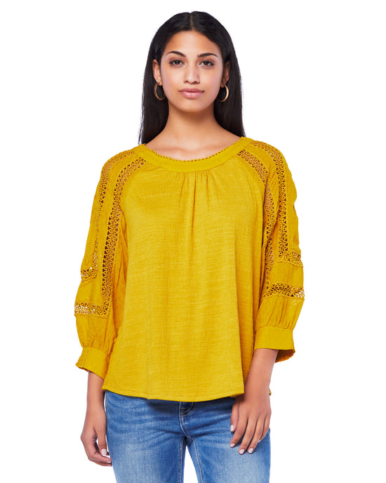 Mustard $|& Skies Are Blue Crochet Lace Trim Top - SOF Front