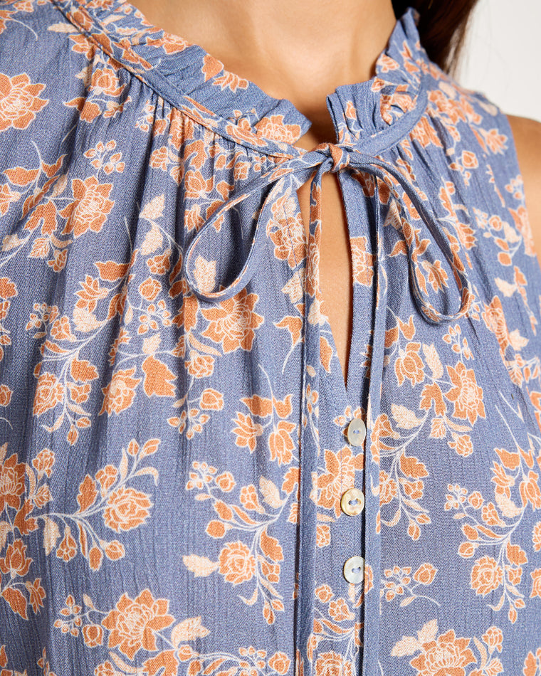 Blue $|& West Kei Sleeveless Floral Woven Top with Neck Tie - SOF Full Front