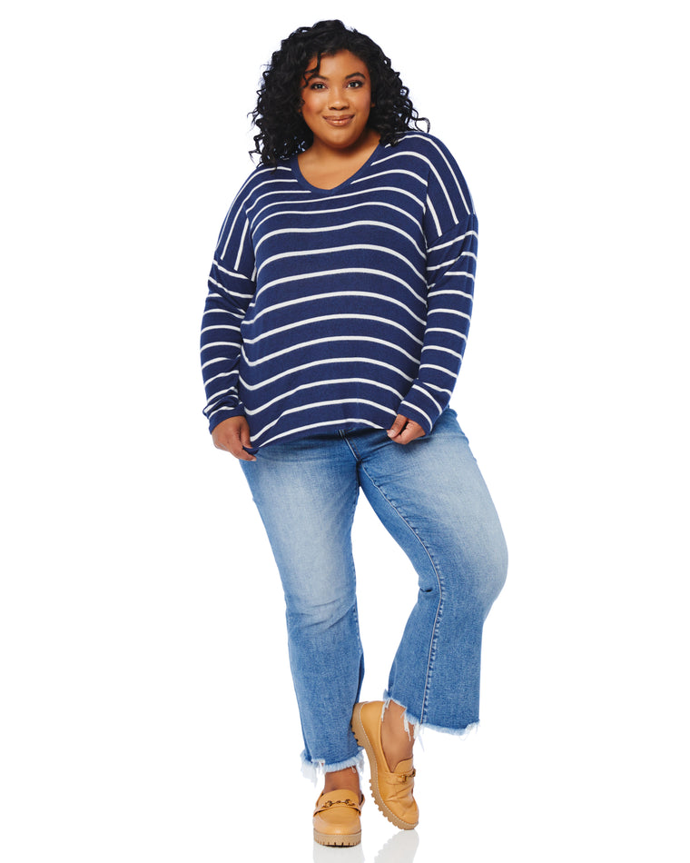 Striped V-Neck Long Sleeve Top Navy/Wht $|& W. by Wantable Striped V-Neck Long Sleeve Top - SOF Full Front