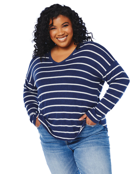 Striped V-Neck Long Sleeve Top Navy/Wht $|& W. by Wantable Striped V-Neck Long Sleeve Top - SOF Front