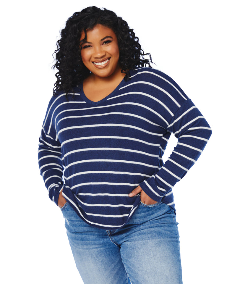 Striped V-Neck Long Sleeve Top in Plus