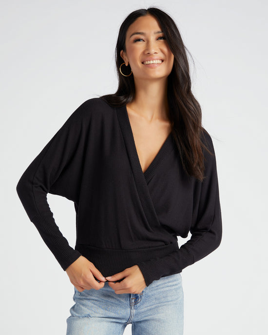 Blk $|& W. by Wantable Brushed Hacci Surplice Front Layering Top - SOF Front