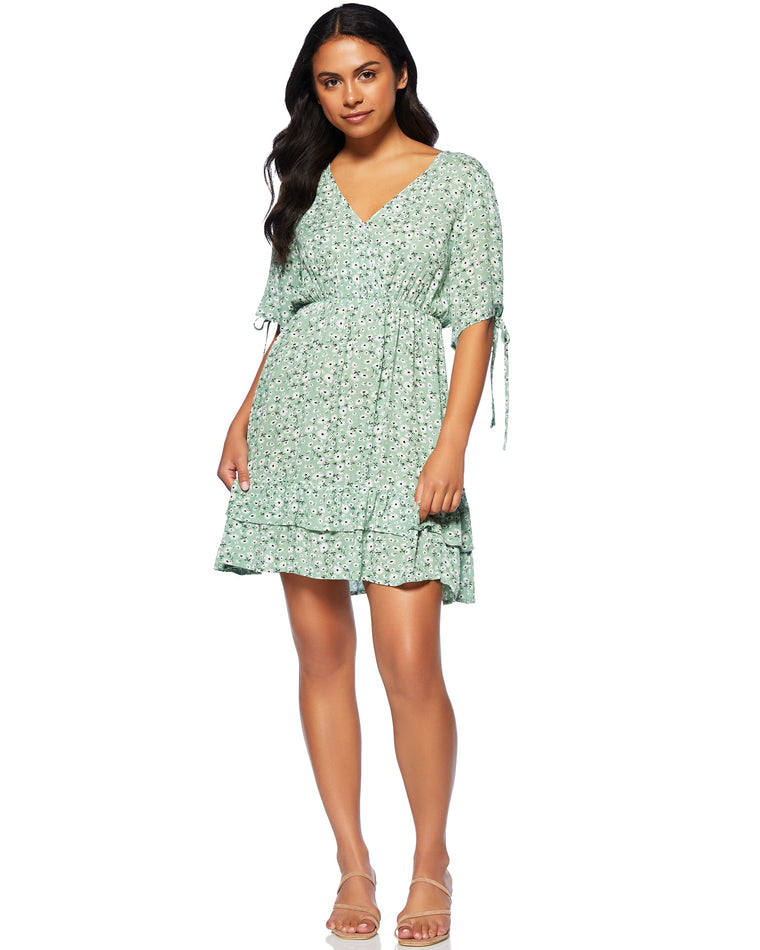 Green $|& ePretty Floral Print Open Sleeve Dress - SOF Front