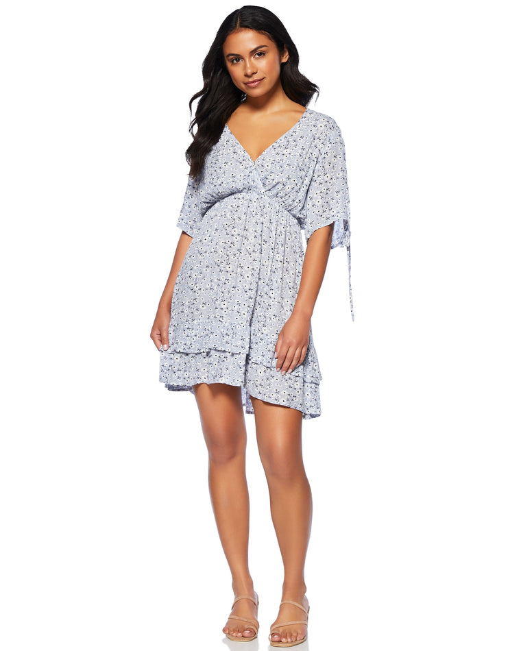 Blue $|& ePretty Floral Print Open Sleeve Dress - SOF Front
