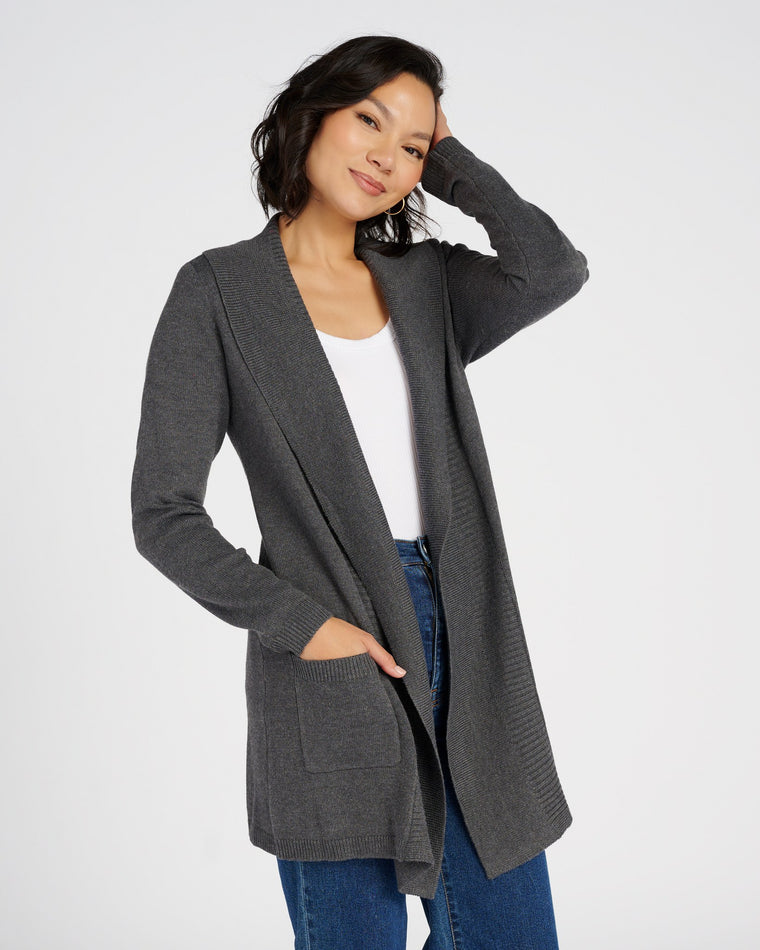 Charcoal $|& Staccato Long Sweater Cardigan with Pockets - SOF Front