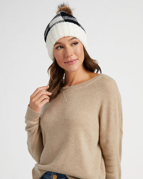 White $|& Elegant Essence Buffalo Check Pattern Knit Hat - SOF Front