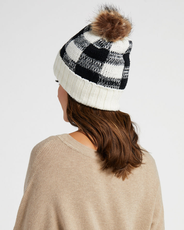 White $|& Elegant Essence Buffalo Check Pattern Knit Hat - SOF Back