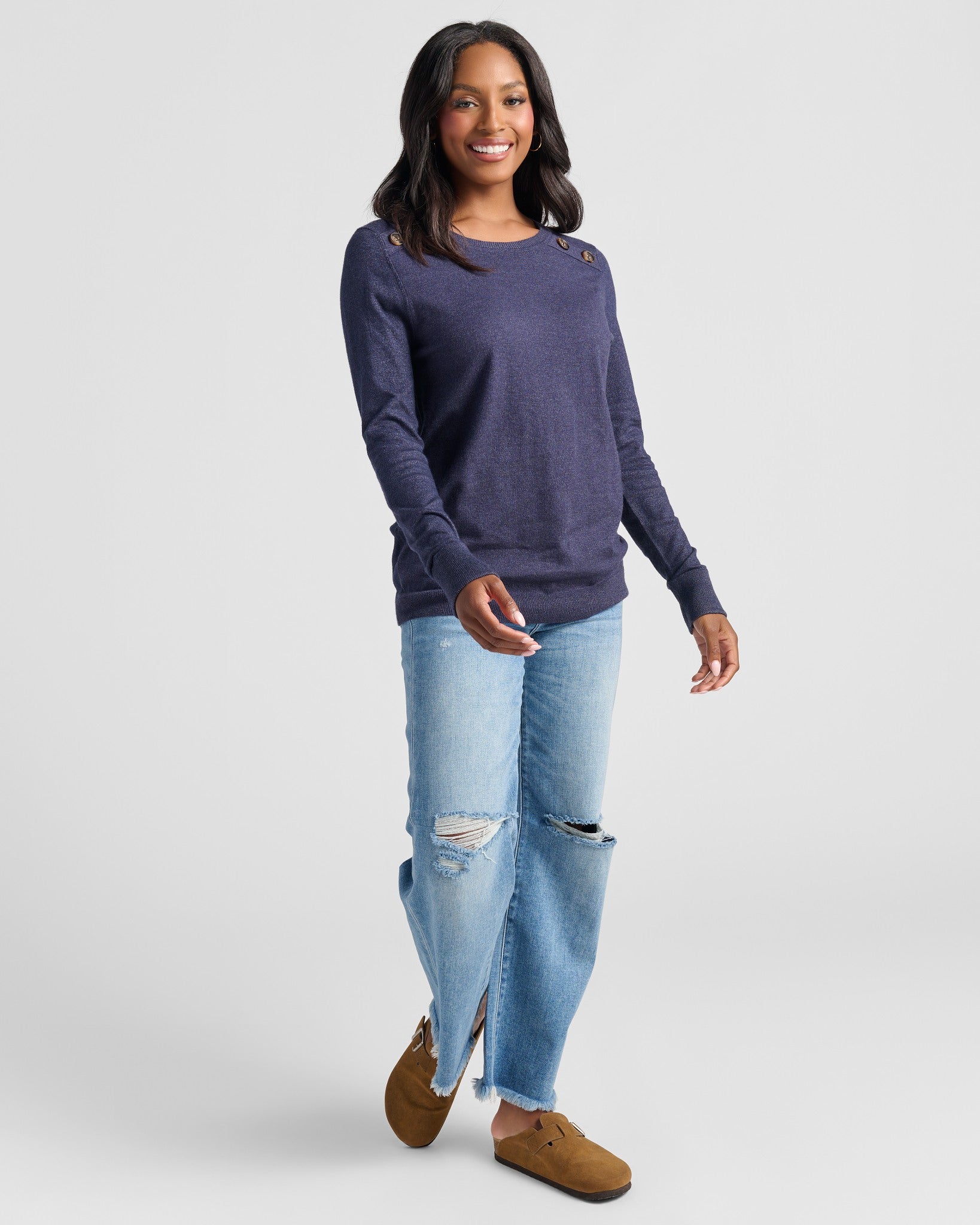 Indigo $|& Staccato Shoulder Button Detail Sweater - SOF Full Front