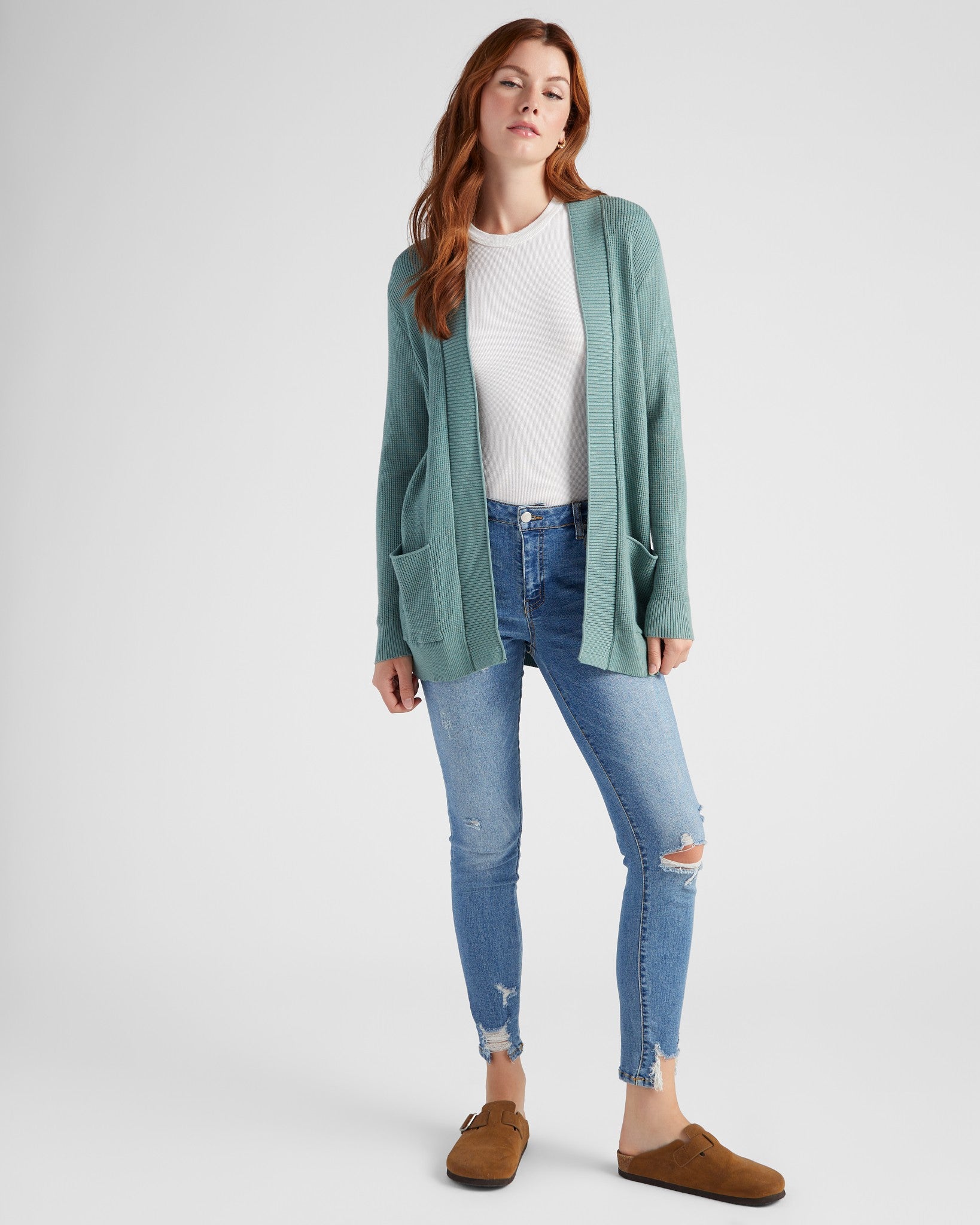 Dusty Jade $|& Staccato Open Front Pocket Cardigan - SOF Full Front