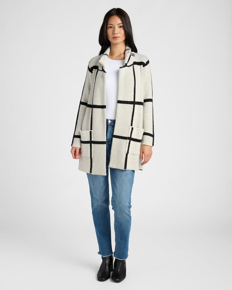 Ivory/Black $|& OneWorld Plaid Sweater Coatigan - SOF Full Front