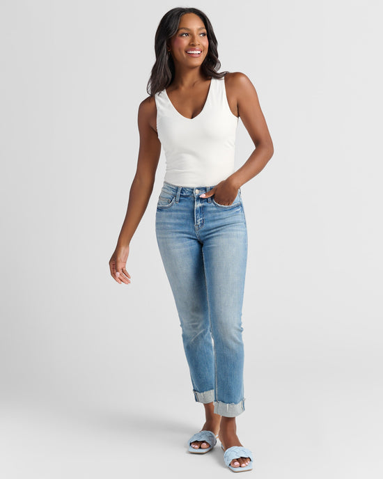 Medium Blue $|& Flying Monkey Jeans Mid Rise Cuffed Slim Straight Jeans - SOF Full Front