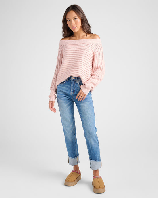 Pink $|& Cozy CO Ribbed Off Shoulder Dolman Pullover - SOF Full Front