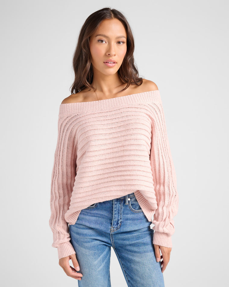 Pink $|& Cozy CO Ribbed Off Shoulder Dolman Pullover - SOF Front