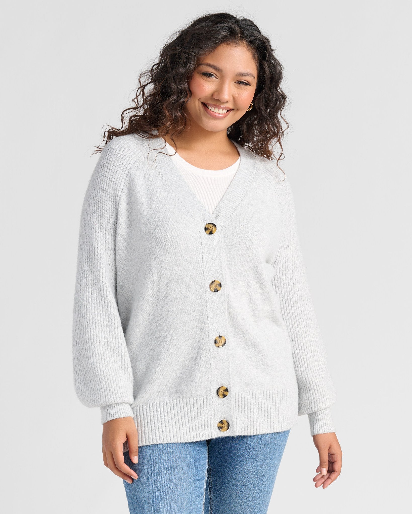 Blouson Slv V-Neck Cardigan L. Heather Grey $|& 525 Adyson Parker Blouson Sleeve V-Neck Cardigan - SOF Front