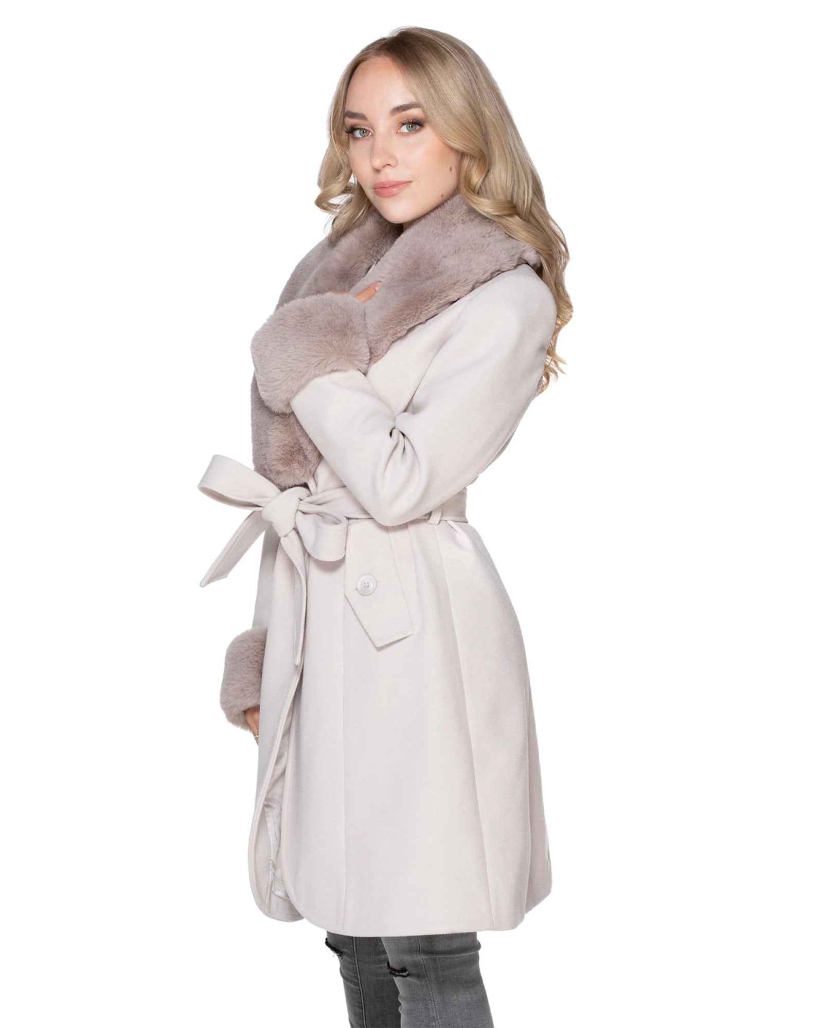 Cream $|& Coalition Faux Fur Trim Belted Coat - Hanger Front