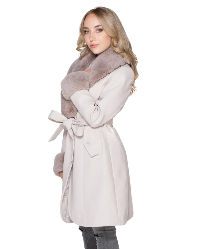 Cream $|& Coalition Faux Fur Trim Belted Coat - VOF Side