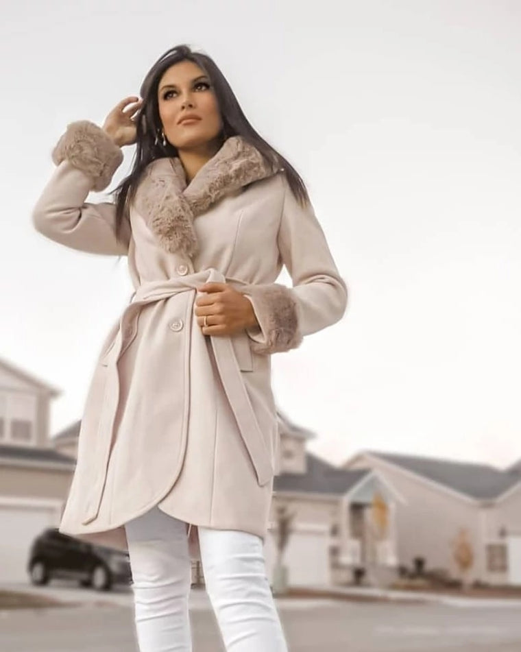 Cream $|& Coalition Faux Fur Trim Belted Coat - VOF Back