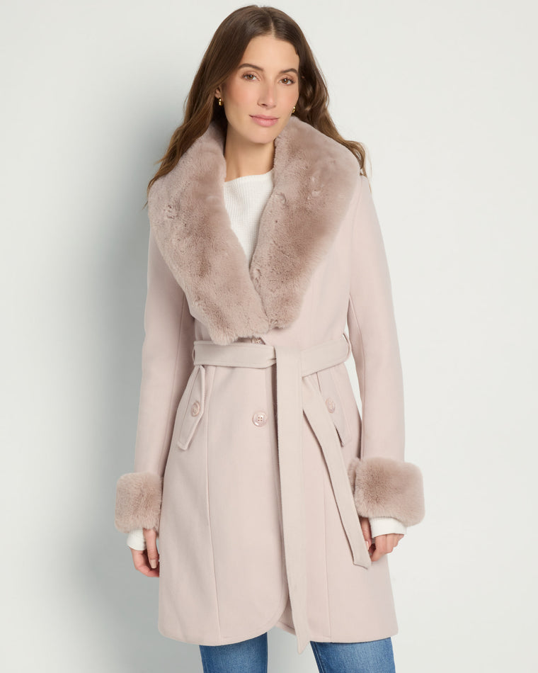 Cream $|& Coalition Faux Fur Trim Belted Coat - SOF Front