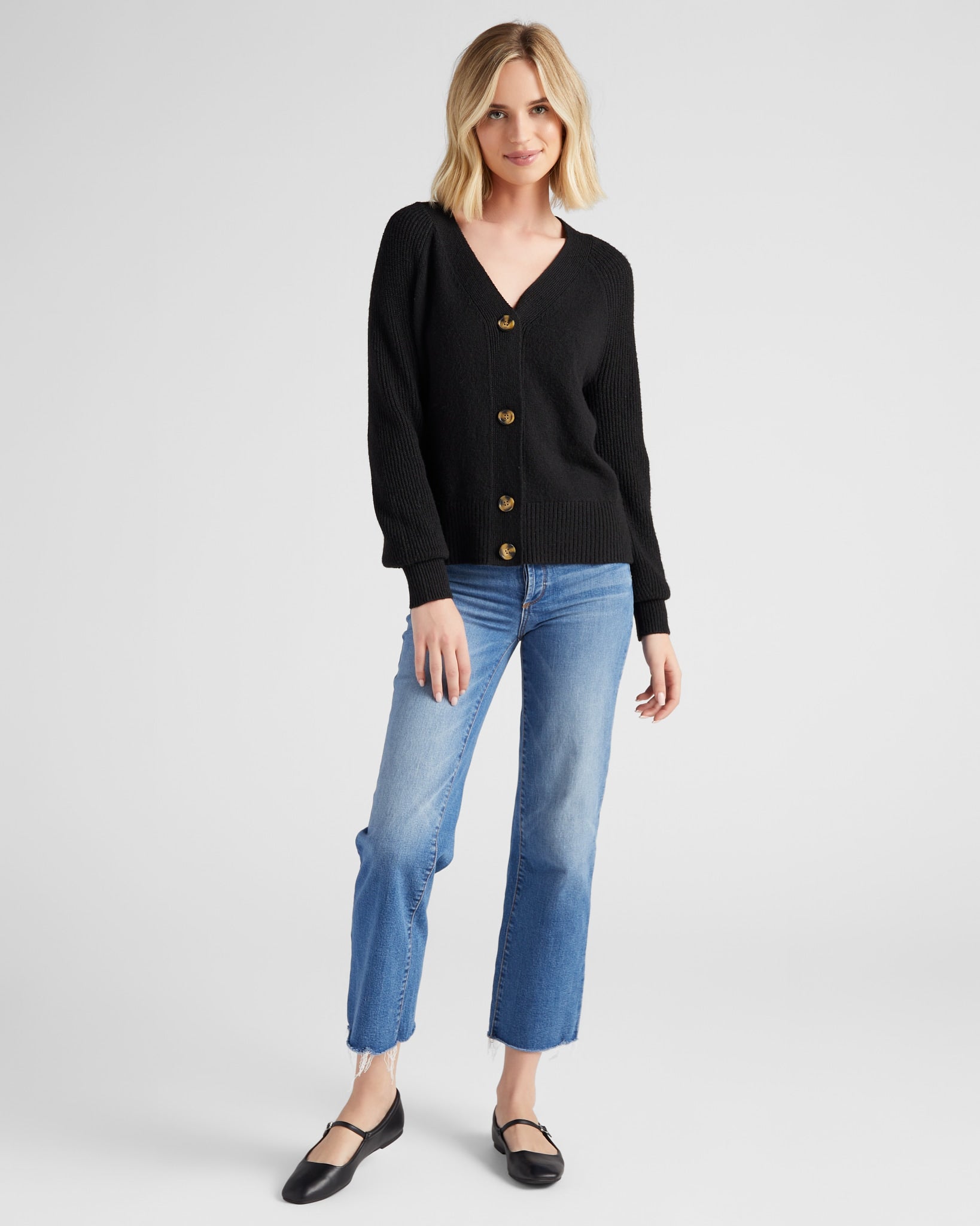 Black $|& 525 Adyson Parker Blouson Sleeve V-Neck Cardigan - SOF Full Front