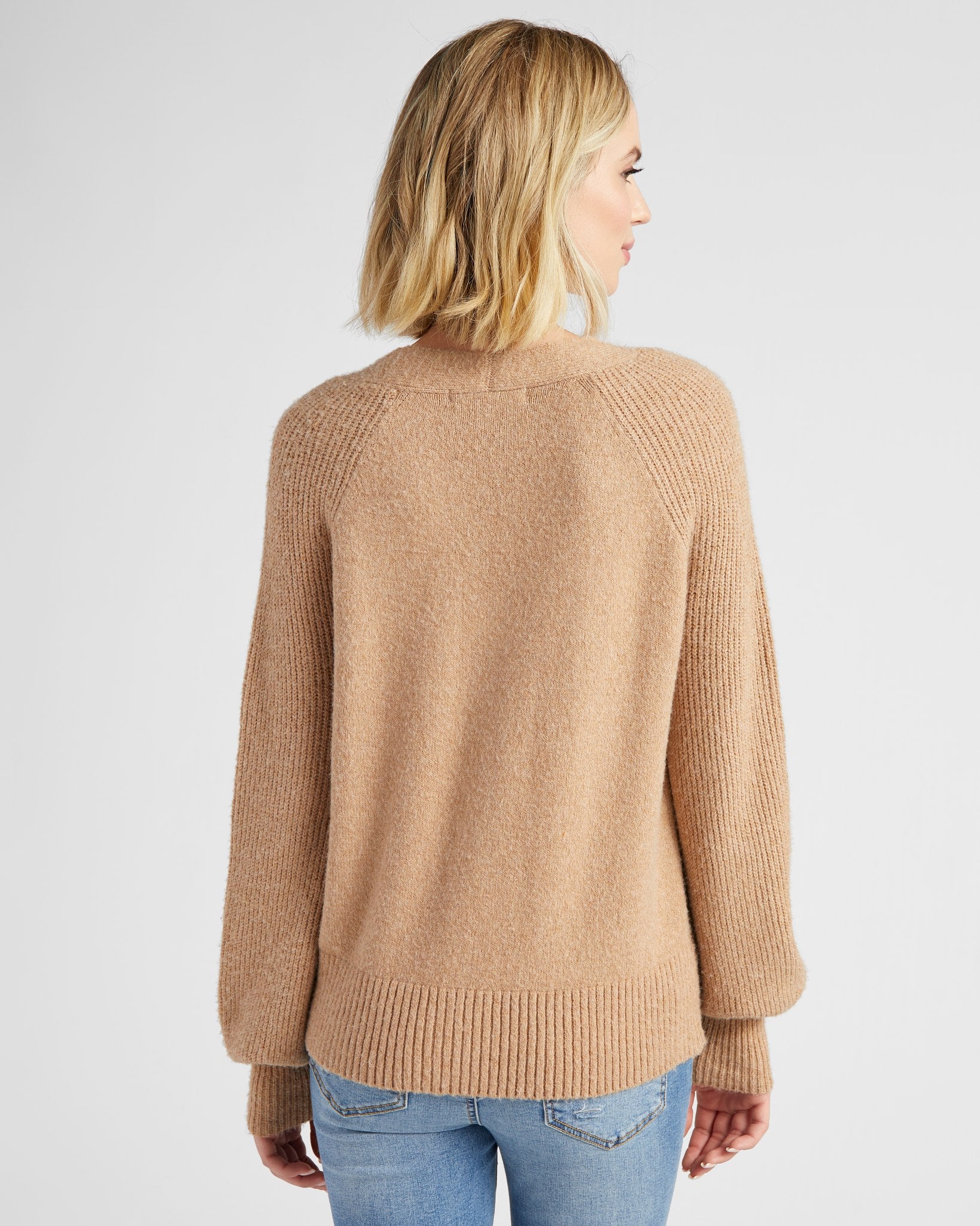Cozy Camel Heather $|& 525 Adyson Parker Blouson Sleeve V-Neck Cardigan - SOF Back