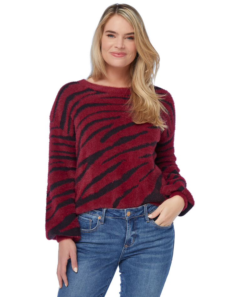 Burgundy/Blk $|& Skies Are Blue Balloon Sleeve Zebra Sweater - SOF Front