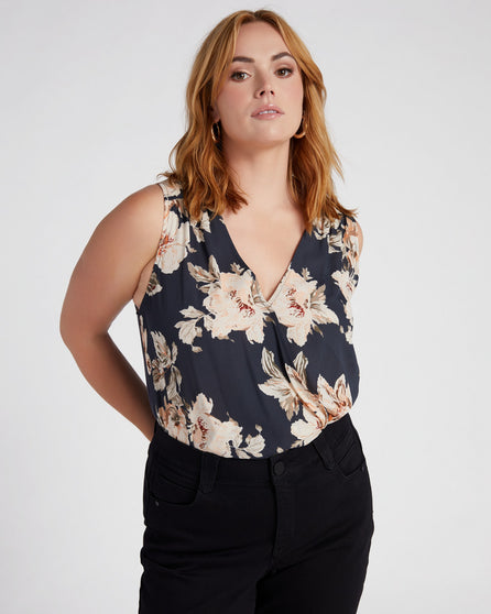 Sleeveless Floral Woven/Knit Wrap Top