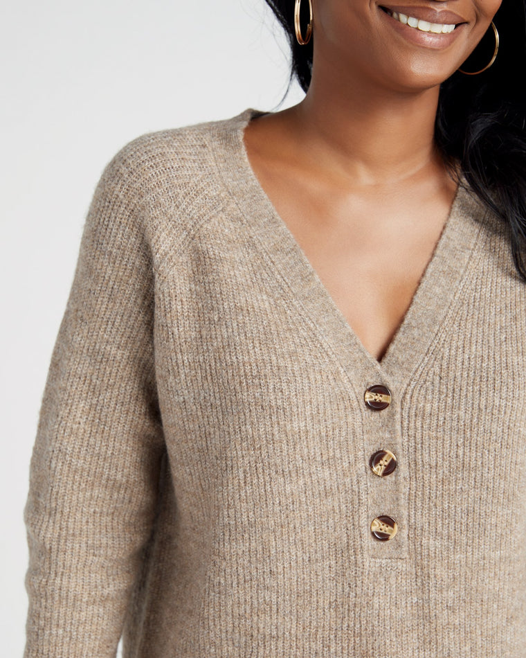 Taupe Grey $|& Lush Long Sleeve Knit Henley Sweater - SOF Detail