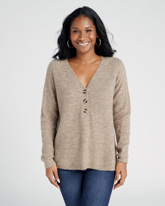Taupe Grey $|& Lush Long Sleeve Knit Henley Sweater - SOF Front