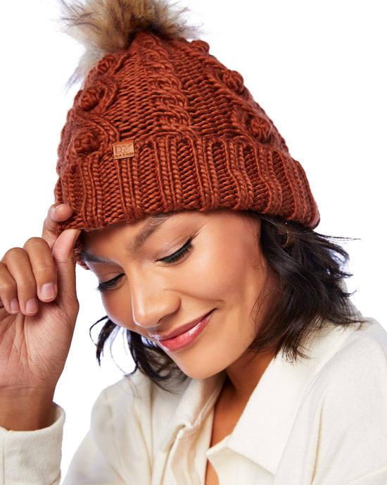 Brown $|& David & Young Popcorn Knit Beanie with Faux Fur Pom - SOF Detail