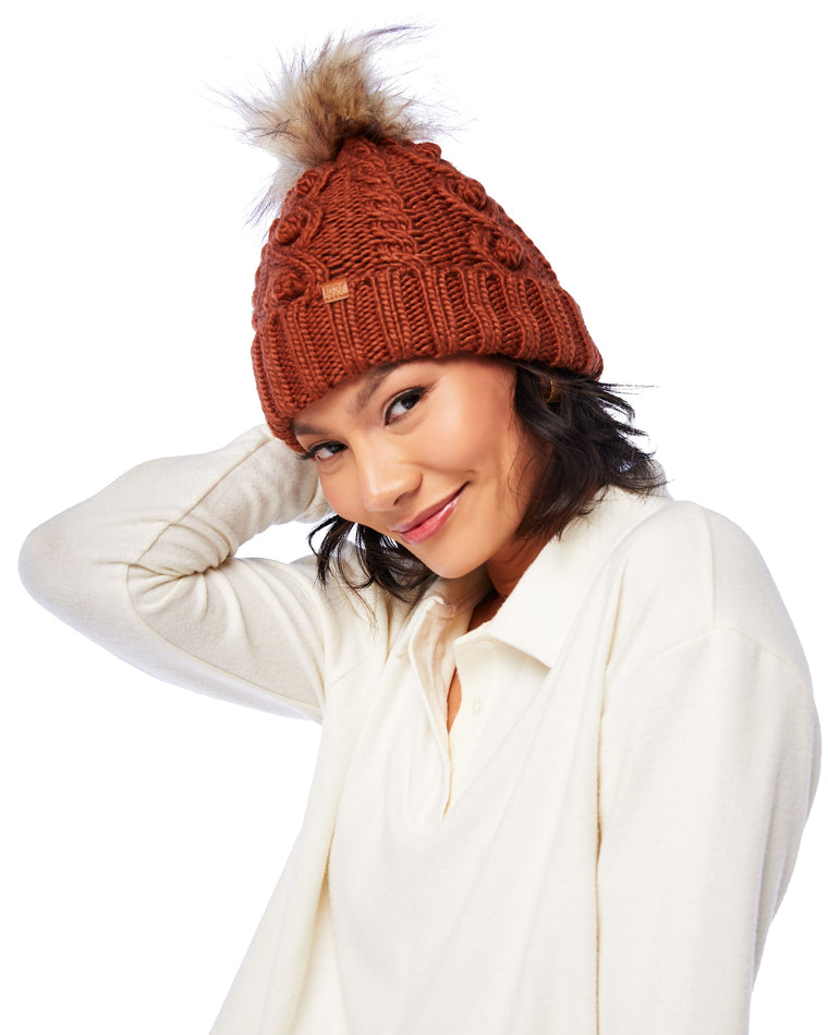 Brown $|& David & Young Popcorn Knit Beanie with Faux Fur Pom - SOF Front