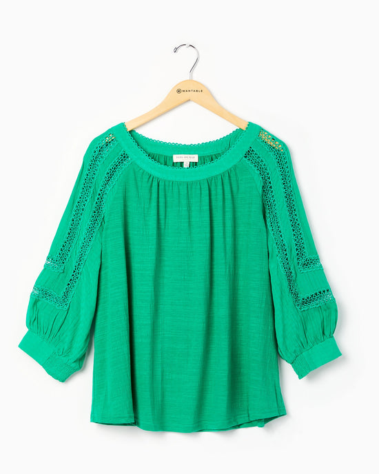 Kelly Green $|& Skies Are Blue Crochet Lace Trim Top - Hanger Front