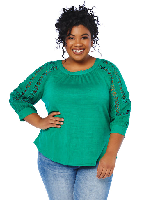 Kelly Green $|& Skies Are Blue Crochet Lace Trim Top - SOF Front