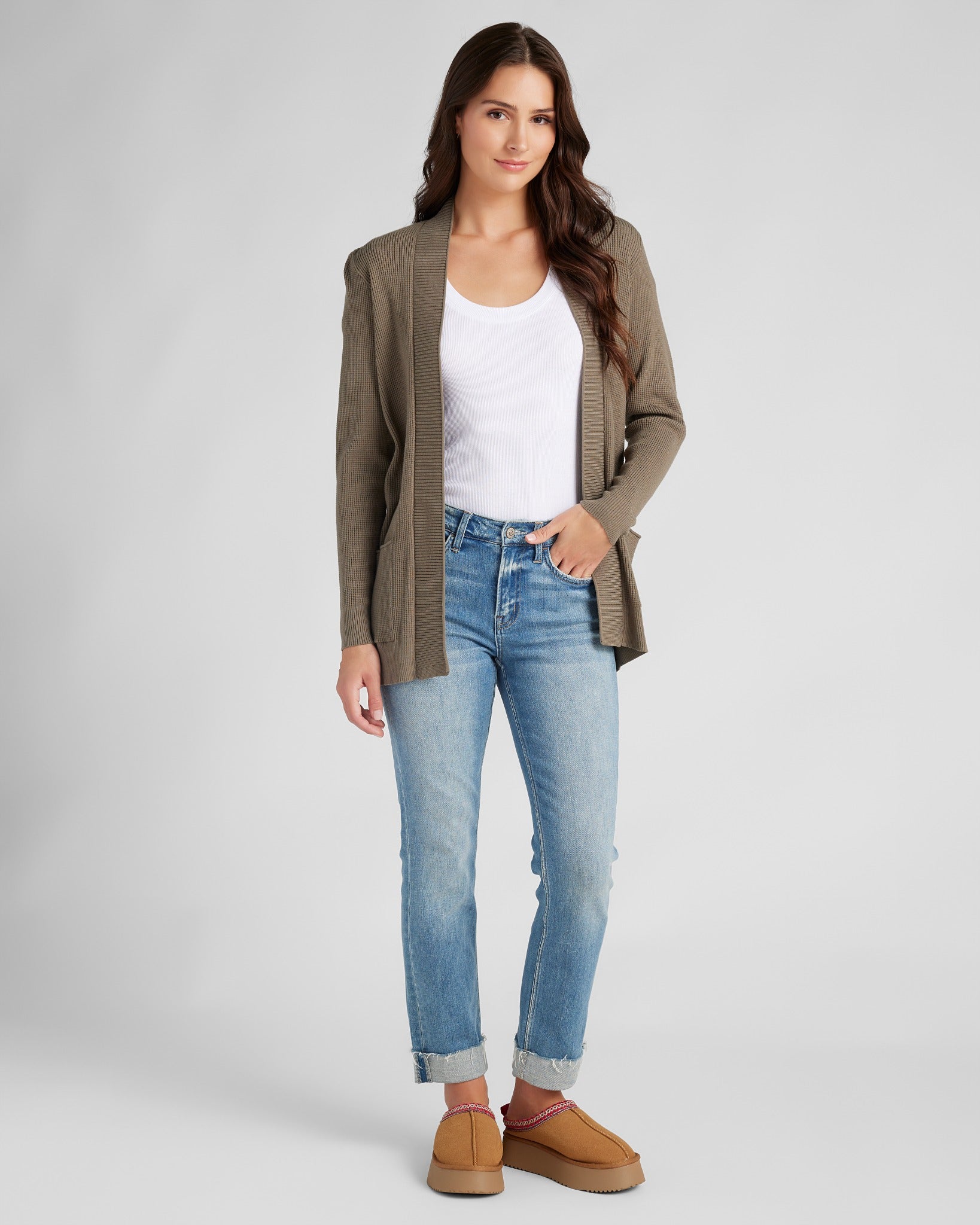 Olive $|& Staccato Open Front Pocket Cardigan - SOF Full Front