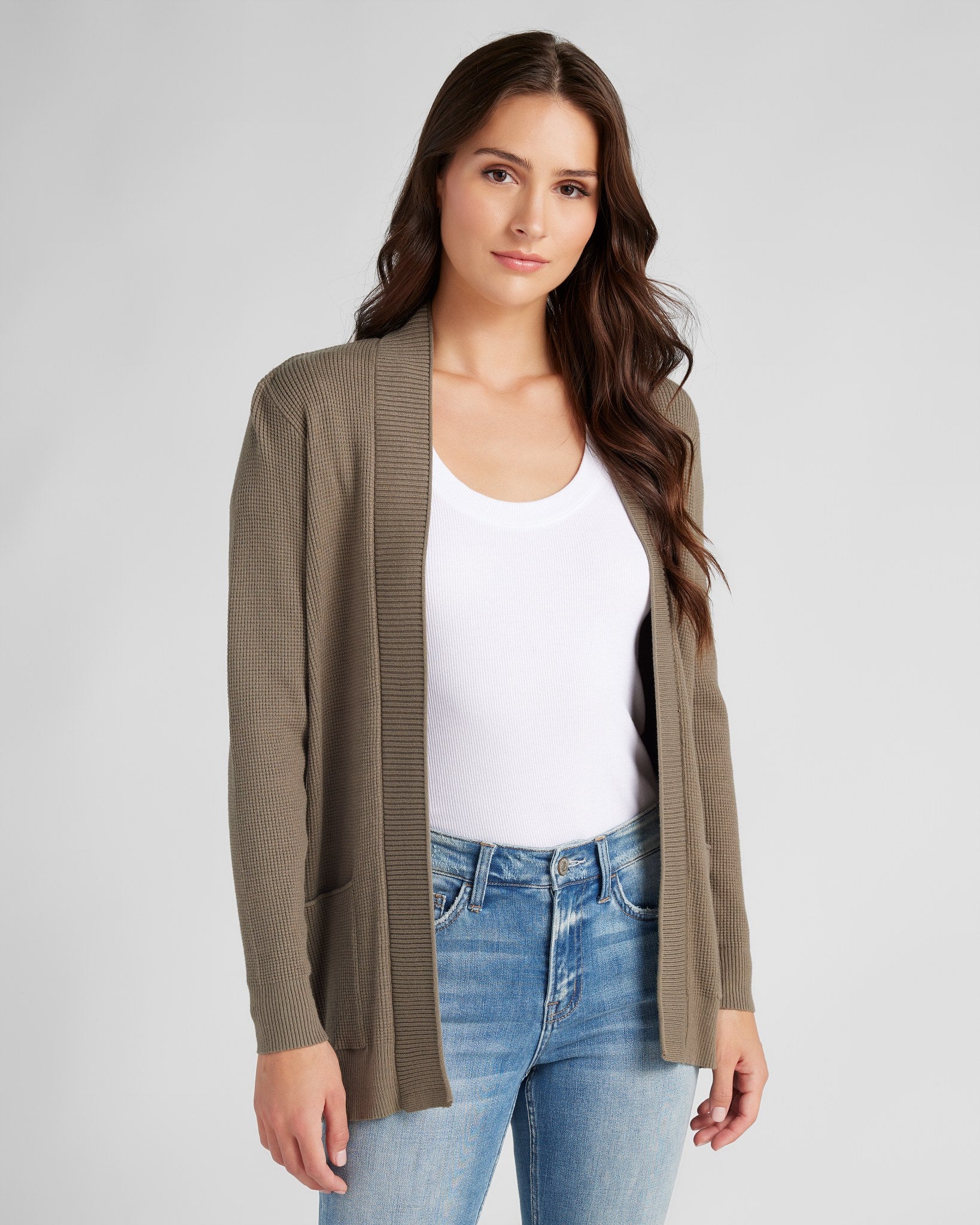 Olive $|& Staccato Open Front Pocket Cardigan - SOF Front