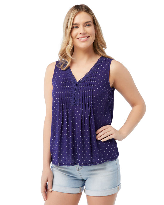 Navy $|& Skies Are Blue Printed Trim Detail Blouse - SOF Front