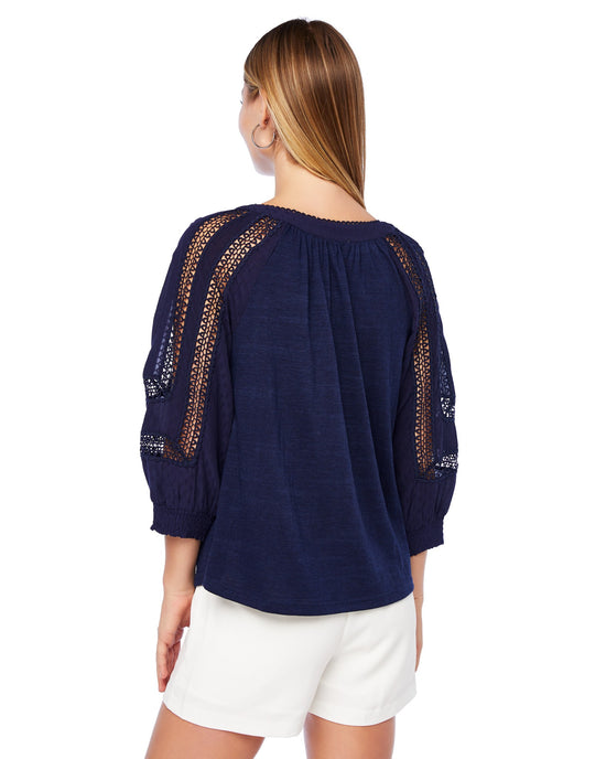Navy $|& Skies Are Blue Crochet Lace Trim Top - SOF Back