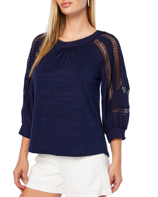 Navy $|& Skies Are Blue Crochet Lace Trim Top - SOF Detail
