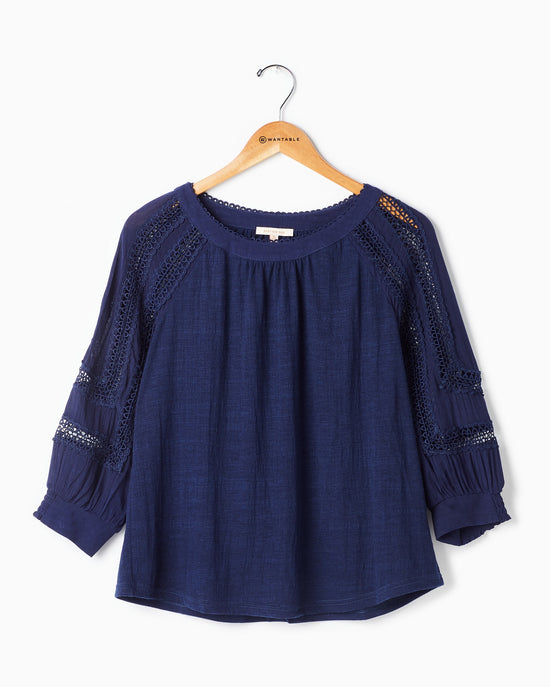 Navy $|& Skies Are Blue Crochet Lace Trim Top - Hanger Front