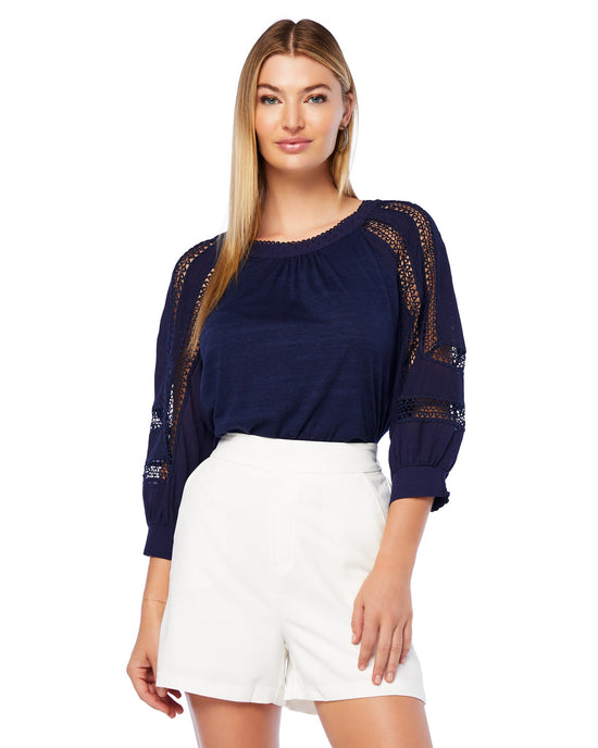 Navy $|& Skies Are Blue Crochet Lace Trim Top - SOF Front