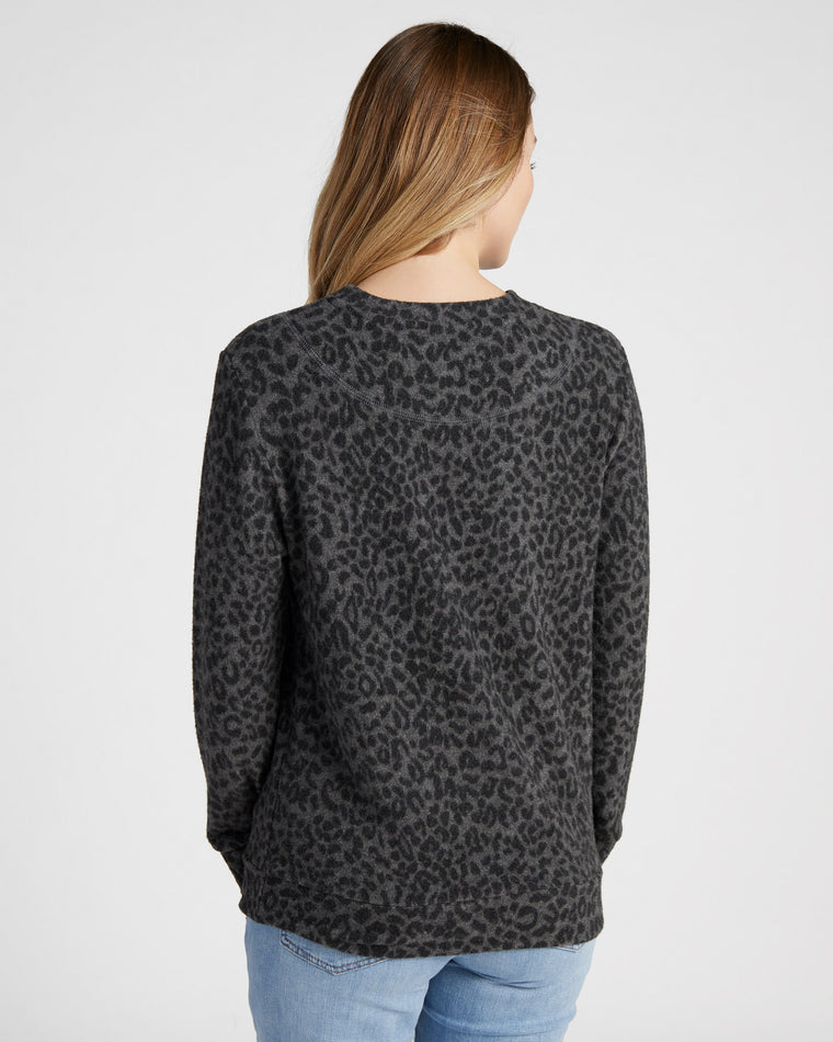 Grey/Black $|& Loveappella Brushed Crew Neck Leopard Pullover - SOF Back