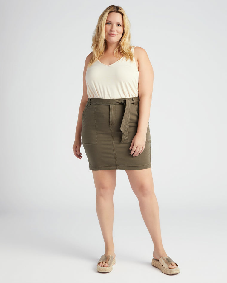 High Rise Utility Skirt With Tie In Olive Grove $|& Liverpool High Rise Utility Skirt With Tie In Olive Grove - SOF Full Front