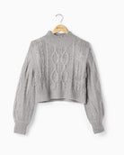 Lt. Grey $|& Vigoss Mock Neck Cable Knit Cropped Sweater - Hanger Front