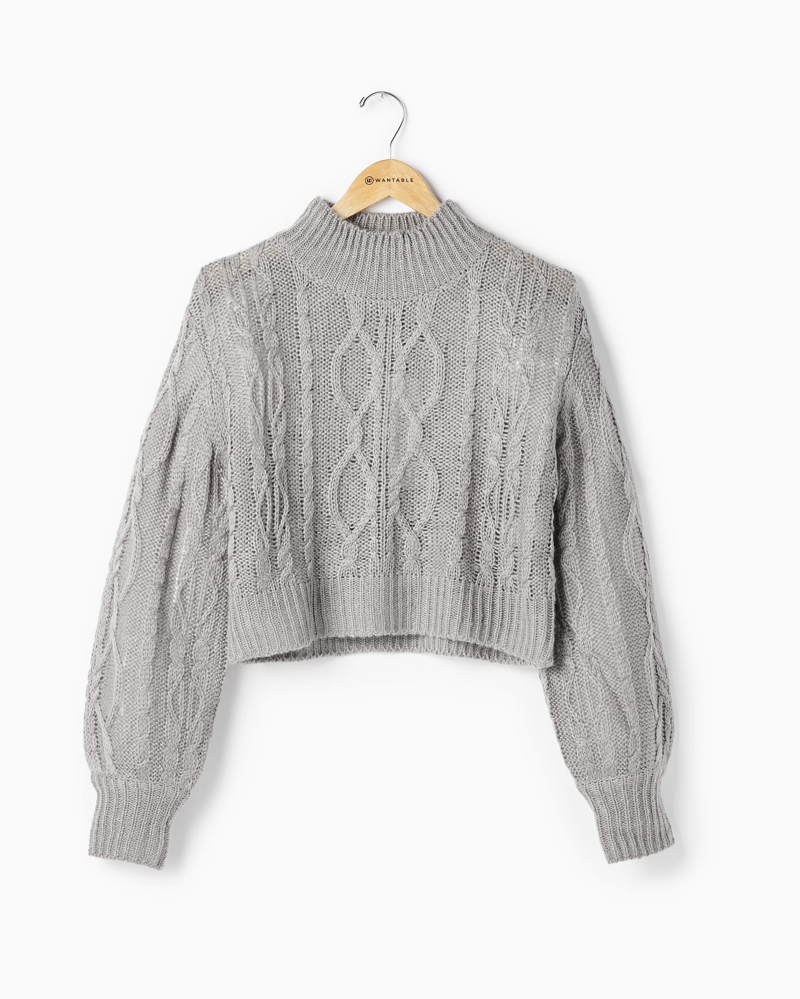 Lt. Grey $|& Vigoss Mock Neck Cable Knit Cropped Sweater - Hanger Front