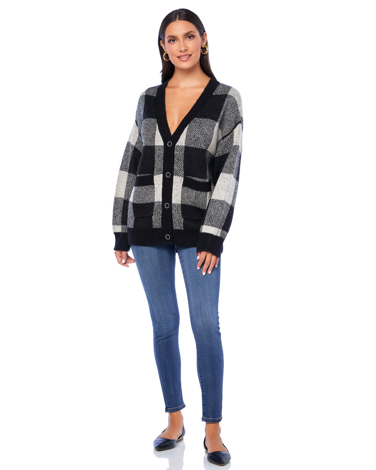 Black $|& Vigoss Buffalo Check Cardigan Sweater - SOF Full Front
